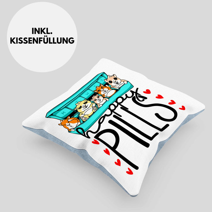 Lustiges Geschenk für Hamsterliebhaber: "Happy Pills" Kissen mit Füllung 40x40 Hamster Besitzer Grafik Züchter (Grau) Blau Trendation