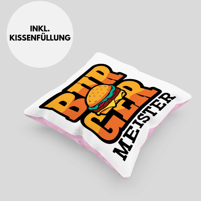 Burger Meister Kissen mit Füllung 40x40 Geschenk Spruch Grillen Sommer Burger Liebhaber Geschenkidee Cheeseburger (Grau) Rosa Trendation