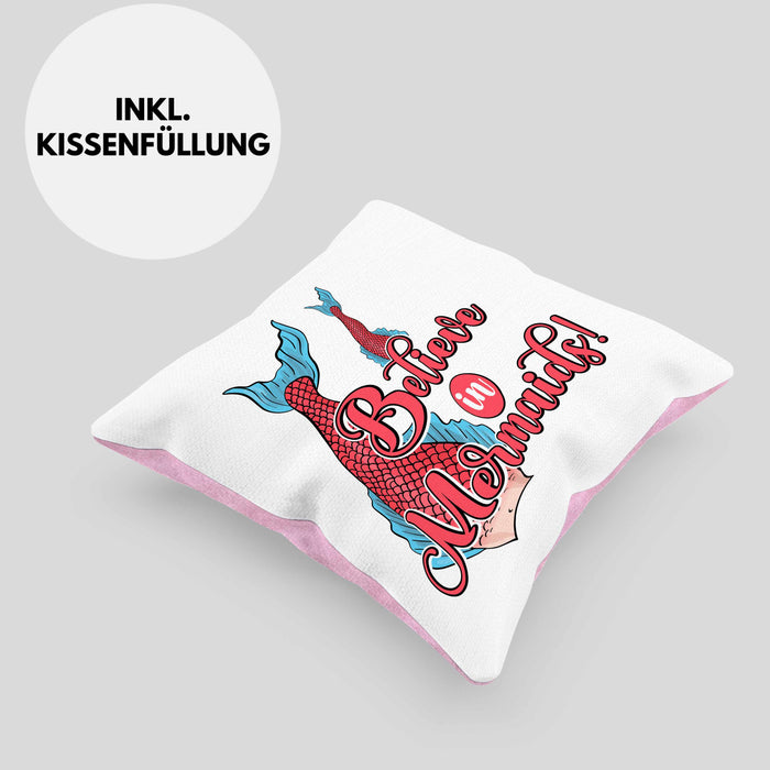 Meerjungfrau Geschenk Kissen mit Füllung 40x40 für Mädchen Nymphe Nixe Grafik Believe In Mermaids (Grau) Rosa Trendation