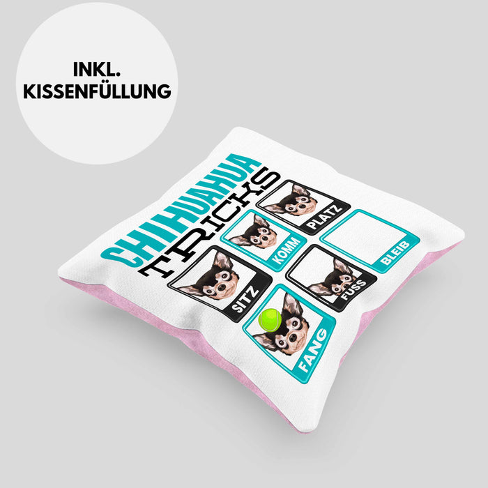 Chihuahua Besitzer Kissen mit Füllung 40x40 Geschenk Lustiger Spruch Geschenkidee Chihuahua Tricks Bleib (Grau) Rosa Trendation