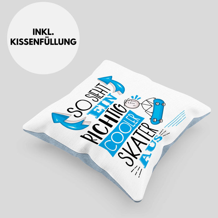 Skater Kissen mit Füllung 40x40 Geschenk So Sieht Ein Richtig Cooler Skater Aus Geschenkidee Spruch Lustig (Grau) Blau Trendation