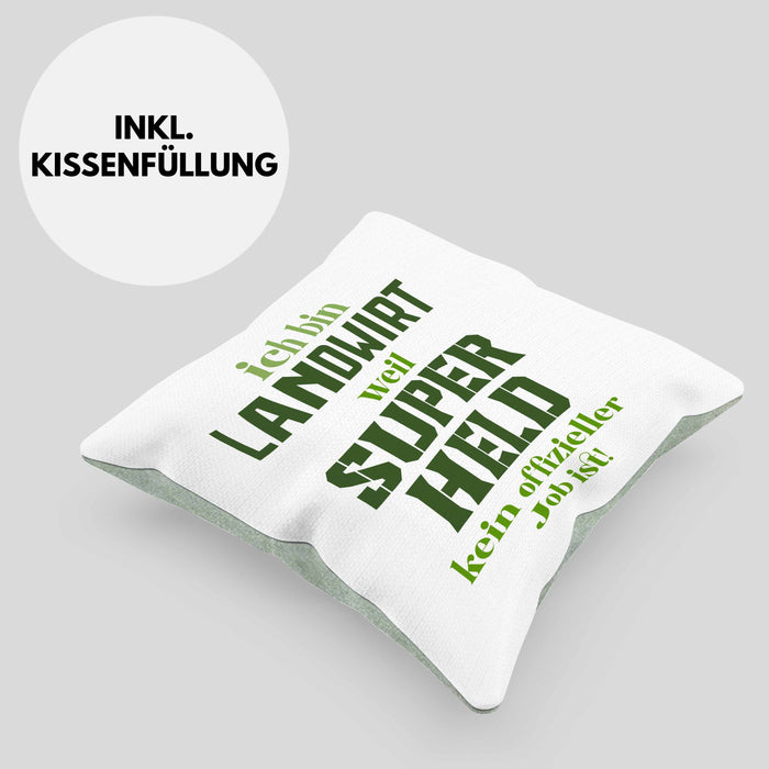Landwirt Geschenk Kissen mit Füllung 40x40 Landwirtschaft Geschenke für Männer Traktor Spruch Superheld (Grau) Grün Trendation