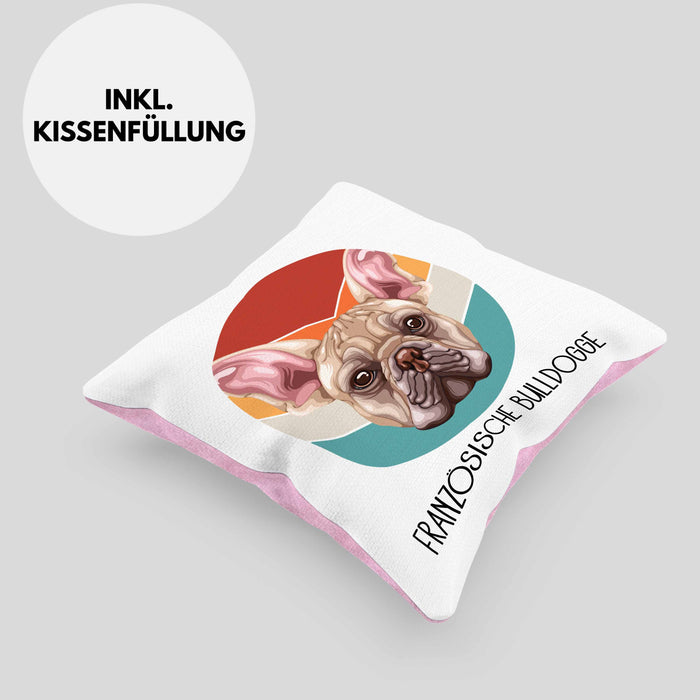Französische Bulldogge Besitzer Kissen mit Füllung 40x40 Geschenk Lustiger Spruch Geschenkidee Französische Bulldogge Mama Papa (Grau) Rosa Trendation
