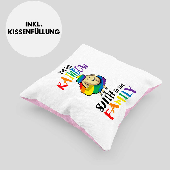 Lustige LGBTQ-Kissen mit Füllung 40x40 mit dem Spruch "I'm The Rainbow Sheep In The Family" Schwule Lesben (Grau) Rosa Trendation