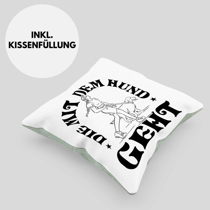 Die Mit Dem Hund Geht Kissen mit Füllung 40x40 Geschenk für Frauchen Hundebesitzerin Geschenkidee (Grau) Grün Trendation