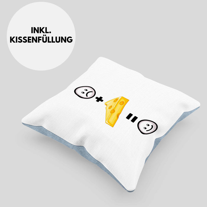 Käse Kissen mit Füllung 40x40 Geschenk für Käse-Liebhaber Fans Lustige Geschenkidee :( + Käse = :) Geburtstag (Grau) Blau Trendation