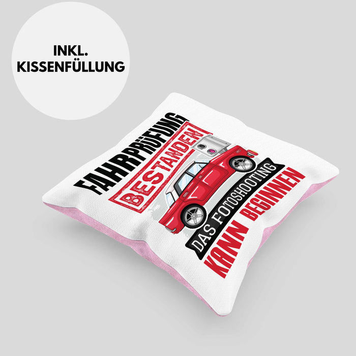 Führerschein Bestanden Geschenk Kissen mit Füllung 40x40 Bestandener Führerschein Das Fotoshooting Kann Beginnen Fahrschule (Grau) Rosa Trendation