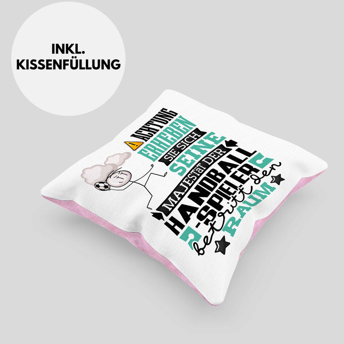 Handballspieler Geschenk Kissen mit Füllung 40x40 Lustiger Spruch Erheben Sie Sich Der Handballspieler Betritt den Raum (Grau) Rosa Trendation