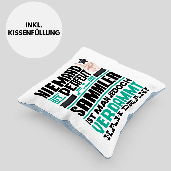 Sammler Geschenk Kissen mit Füllung 40x40 Lustige Geschenkidee für Sammler Geburtstag Niemand Ist Perfekt Aber Als Sammler Ist Man Nah Dran (Grau) Blau Trendation