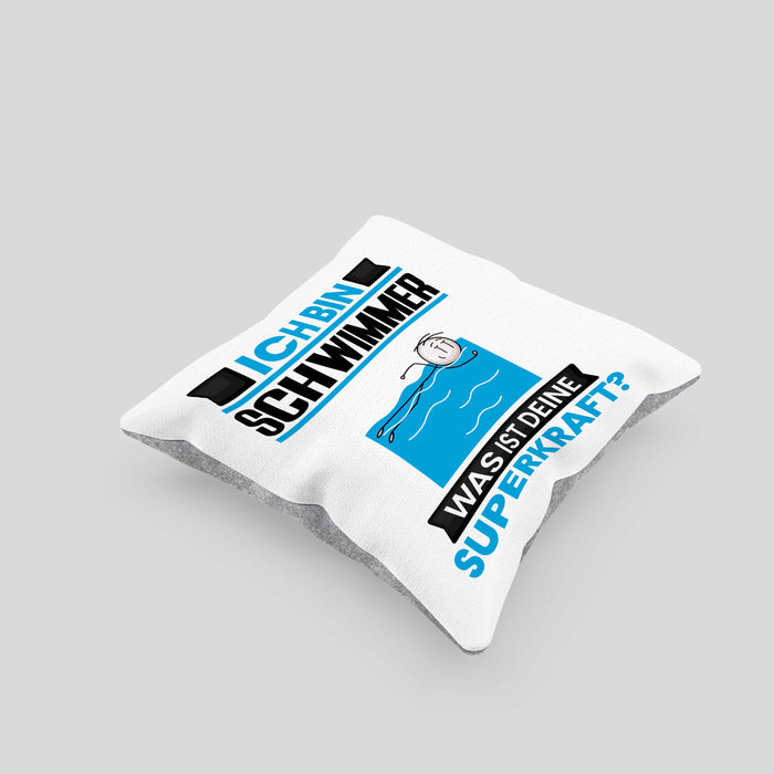 Schwimmer Kissen mit Füllung 40x40 Geschenk für Schwimmer Geburtstag Lustiger Spruch Was Ist Deine Superkraft (Grau) Grau Trendation
