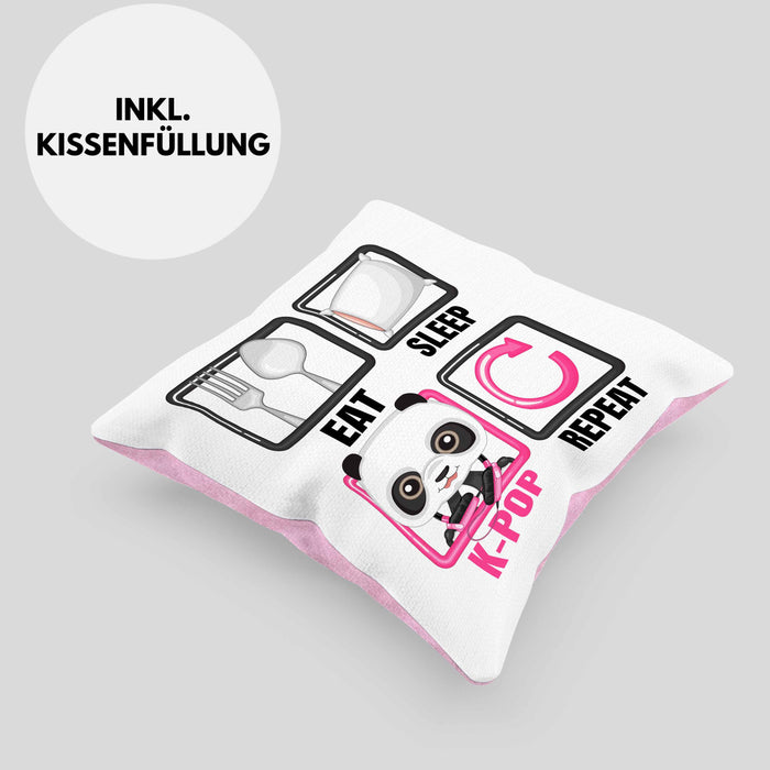 Eat Sleep K-Pop Kissen mit Füllung 40x40 Geschenk Koreanische Musik Kpop Geschenkidee Spruch (Grau) Rosa Trendation