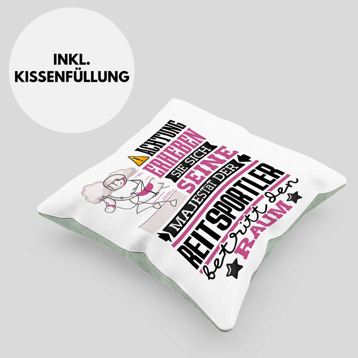 Reitsportler Geschenk Kissen mit Füllung 40x40 Lustiger Spruch Erheben Sie Sich Der Reitsportler Betritt den Raum (Grau) Grün Trendation