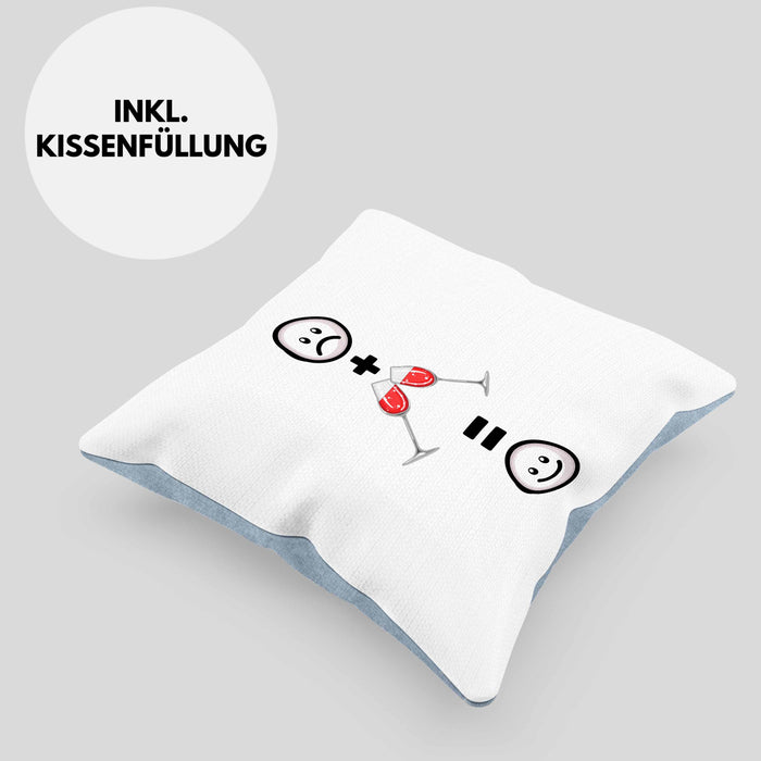 Wein Kissen mit Füllung 40x40 Geschenk für Weintrinker Lustige Geschenkidee :( + Weingläser = :) Geburtstag (Grau) Blau Trendation