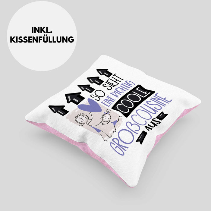Großcousine Geschenk Kissen mit Füllung 40x40 Geschenkidee für Großcousine Geburtstag Weihnachten Spruch So Sieht Eine Richtig Coole Großcousine Aus (Grau) Rosa Trendation