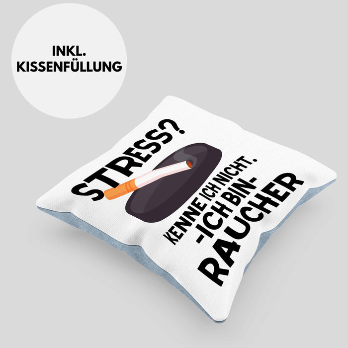 Raucher Geschenk Kissen mit Füllung 40x40 Spruch Stress? Kenne Ich Nicht Ich Bin Raucher Geschenkidee Zigaretten (Grau) Blau Trendation