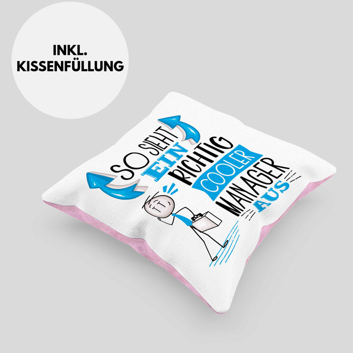 Manager Kissen mit Füllung 40x40 Geschenk So Sieht Ein RIchtig Cooler Manager Aus Geschenkidee Lustiger Spruch Geburtstag (Grau) Rosa Trendation