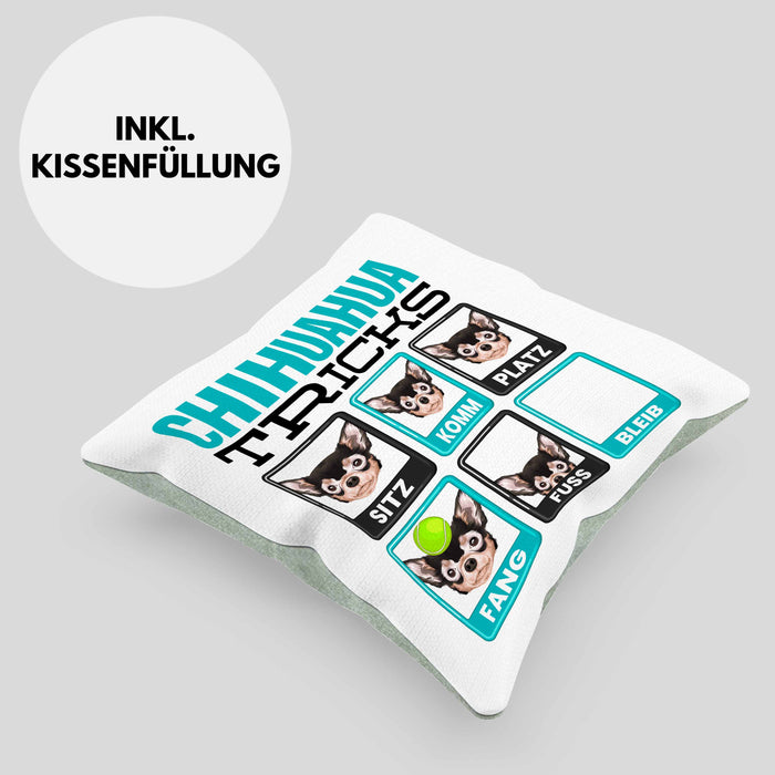 Chihuahua Besitzer Kissen mit Füllung 40x40 Geschenk Lustiger Spruch Geschenkidee Chihuahua Tricks Bleib (Grau) Grün Trendation