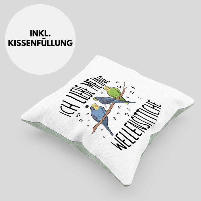 Lustige Wellensittich-Kissen mit Füllung 40x40 Geschenk für Wellensittich-Besitzer Ich Liebe Meine Wellensittiche (Grau) Grün Trendation