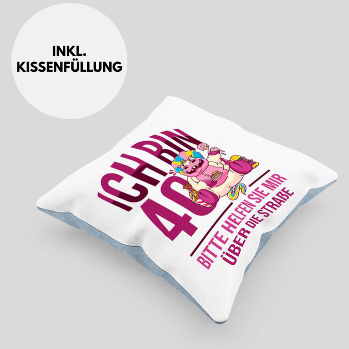 Lustige Kissen mit Füllung 40x40 zum 40. Geburtstag - Geschenkidee für Frauen Einhorn 40er Geburtstag (Grau) Blau Trendation