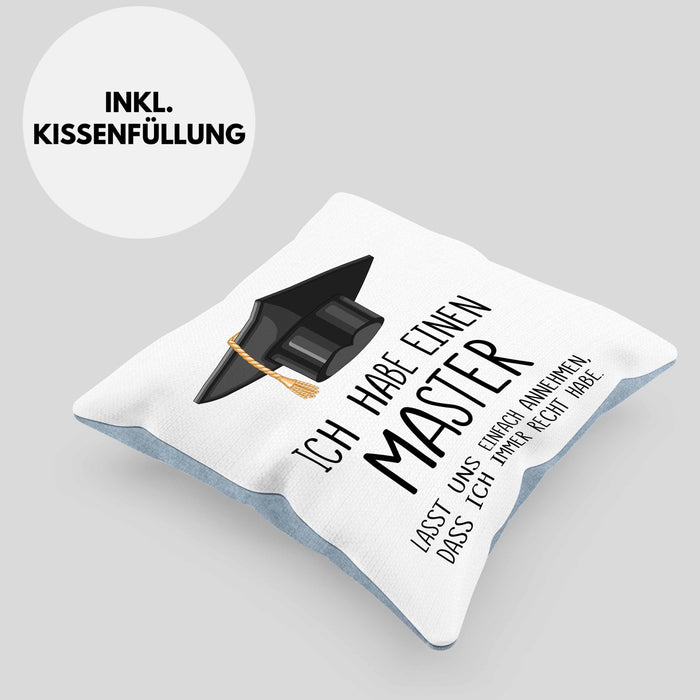 Master Bestanden Geschenk Abschluss Kissen mit Füllung 40x40 Spruch Master Graduation Bestandene Prüfung Geschenkidee (Grau) Blau Trendation