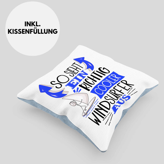 Windsurfer Kissen mit Füllung 40x40 Geschenk So Sieht Ein Richtig Cooler Windsurfer Aus Geschenkidee Spruch Lustig (Grau) Blau Trendation