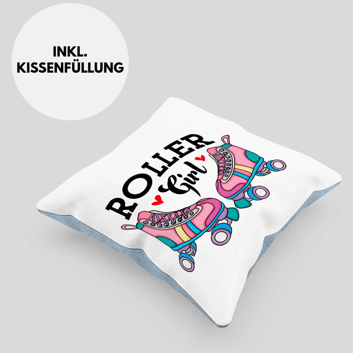 Rollschuh Kissen mit Füllung 40x40 Geschenk für Roller Girls "Roller Girl" Nostalgie 80er 90er Jahre (Grau) Blau Trendation