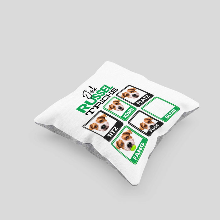 Jack Russel Besitzer Kissen mit Füllung 40x40 Geschenk Lustiger Spruch Geschenkidee Jack Russel Tricks Bleib (Grau) Grau Trendation