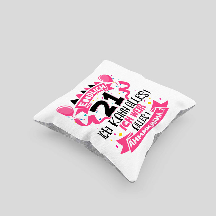 21. Geburtstag Geschenk Kissen mit Füllung 40x40 Frauen Mädchen Geschenkidee Endlich 21 Ich Kann Alles Ich Weiß Alles Ähm Mama (Grau) Grau Trendation