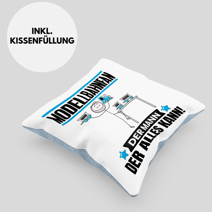 Modellbahnfan Kissen mit Füllung 40x40 Geschenk für Modellbahnfan Der Mann Der Alles Kann Geschenkidee zum Geburtstag (Grau) Blau Trendation
