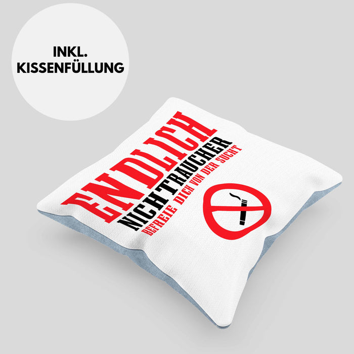 Endlich Nichttraucher Kissen mit Füllung 40x40 Geschenk Aufhören Zu Rauchen Befreie Dich Von Der Sucht (Grau) Blau Trendation