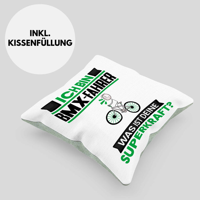 BMX-Fahrer Kissen mit Füllung 40x40 Geschenk für BMX-Fahrer Geburtstag Lustiger Spruch Was Ist Deine Superkraft (Grau) Grün Trendation