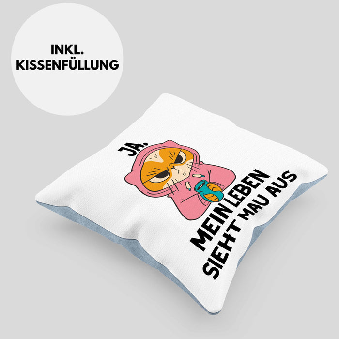 Dank Meme Kissen mit Füllung 40x40 Katzen Besitzer Wortspiel Ja Mein Leben Sieht Mau Aus Traurige Katze Geschenkidee Saure Katze Astronaut (Grau) Blau Trendation