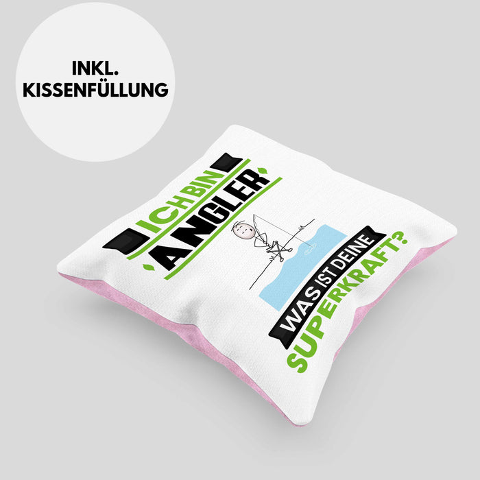 Angler Kissen mit Füllung 40x40 Geschenk für Angler Geburtstag Lustiger Spruch Was Ist Deine Superkraft (Grau) Rosa Trendation