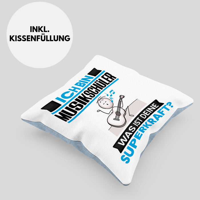 Musikschüler Kissen mit Füllung 40x40 Geschenk für Musikschüler Geburtstag Lustiger Spruch Was Ist Deine Superkraft (Grau) Blau Trendation