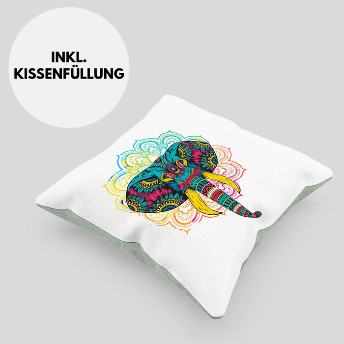 Elefant Kissen mit Füllung 40x40 Geschenk Für Elefanten-Liebhaber Geschenkidee Mandala Bunt (Grau) Grün Trendation