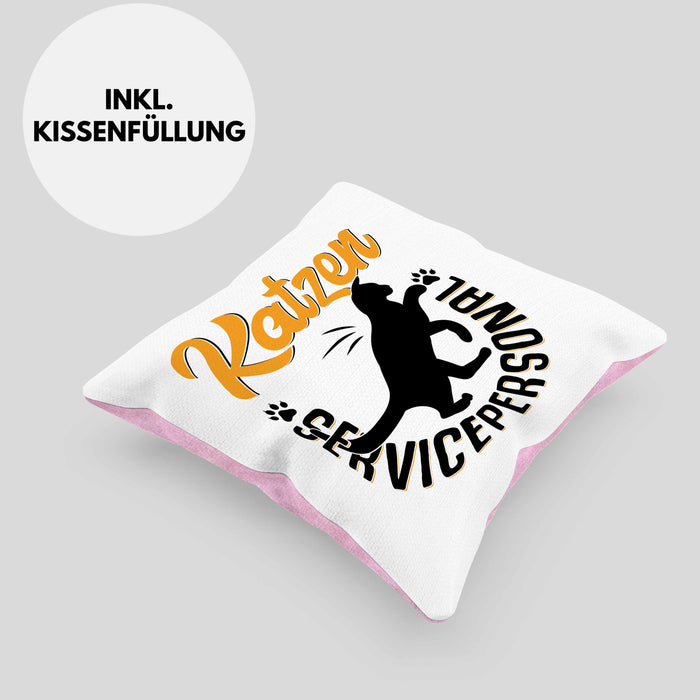 Katzen Geschenk Kissen mit Füllung 40x40 Katzen-Besitzerin Kaffee Katzen Servicepersonal Geschenkidee (Grau) Rosa Trendation