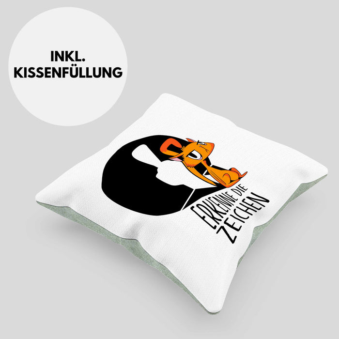 Kissen mit Füllung 40x40 mit Katzenmotiv - Erkenne die Zeichen Geschenk Spruch Geschenkidee (Grau) Grün Trendation