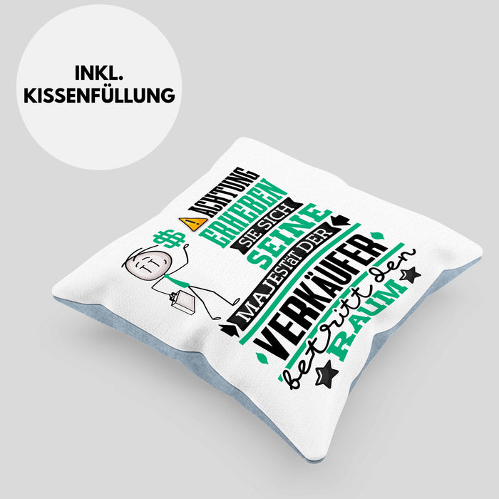 Verkäufer Geschenk Kissen mit Füllung 40x40 Lustiger Spruch Erheben Sie Sich Der Verkäufer Betritt den Raum (Grau) Blau Trendation
