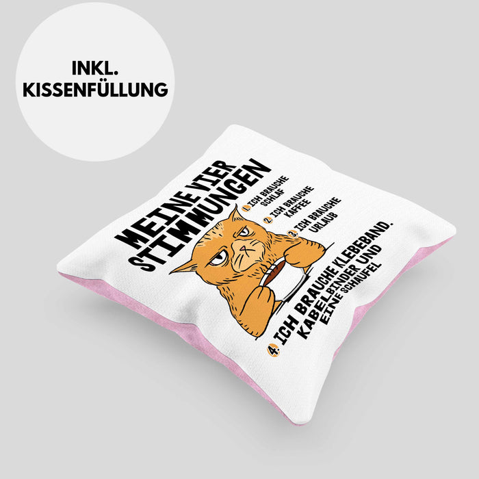 Katze Kissen mit Füllung 40x40 Geschenk Katzenbesitzerin Lustige Sprüche Kaffee Urlaub Müde Meine Vier Kaffeestimungen (Grau) Rosa Trendation