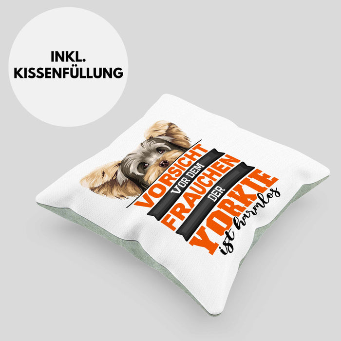 Yorkie-Besitzer Geschenk Kissen mit Füllung 40x40 Hund Yorkie Liebhaber Geschenkidee Vorsicht Vor Dem Frauchen Der Yorkie Ist Harmlos (Grau) Grün Trendation
