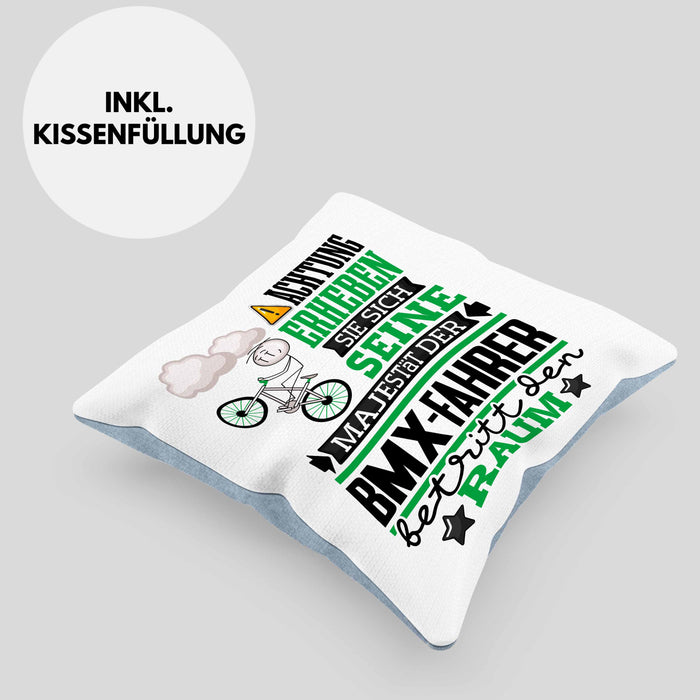 BMX-Fahrer Geschenk Kissen mit Füllung 40x40 Lustiger Spruch Erheben Sie Sich Der BMX-Fahrer Betritt den Raum (Grau) Blau Trendation
