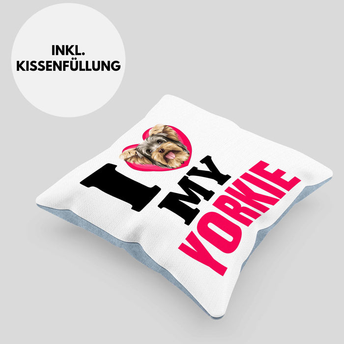 Yorkie Besitzerin Kissen mit Füllung 40x40 Geschenk Lustiger Spruch Geschenkidee I Love My Yorkie (Grau) Blau Trendation