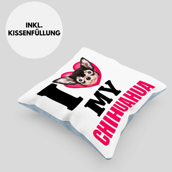 Chihuahua Besitzerin Kissen mit Füllung 40x40 Geschenk Lustiger Spruch Geschenkidee I Love My Chihuahua (Grau) Blau Trendation