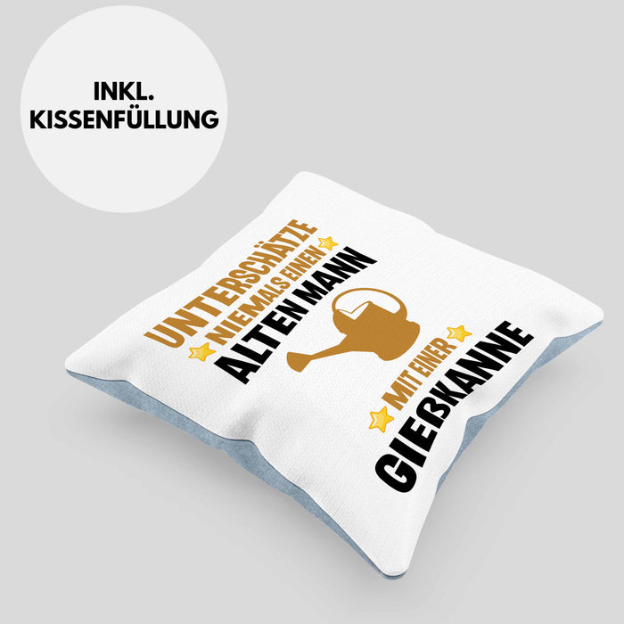 Alter Mann Gärtner Kissen mit Füllung 40x40 mit Spruch Garten Hobbygärtner Geschenk Lustig (Grau) Blau Trendation