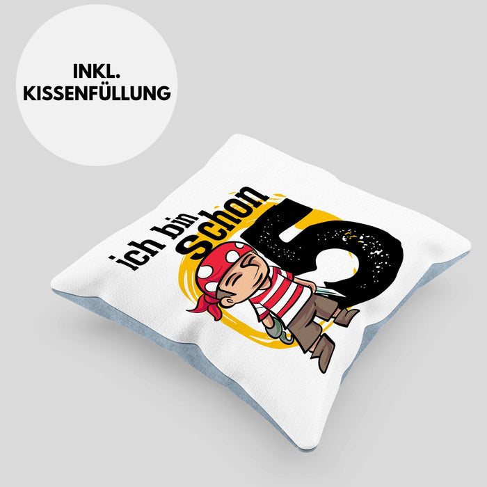 5ter Geburtstag Geschenkidee für Jungs Piraten-Kissen mit Füllung 40x40 zum 5. Geburtstag (Grau) Blau Trendation