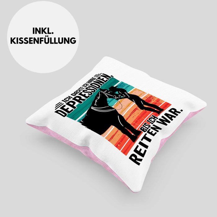 Reiterin Geschenk Kissen mit Füllung 40x40 Spruch Ich Dachte Ich Habe Depressionen Bis Ich Reiten War Geschenkidee (Grau) Rosa Trendation
