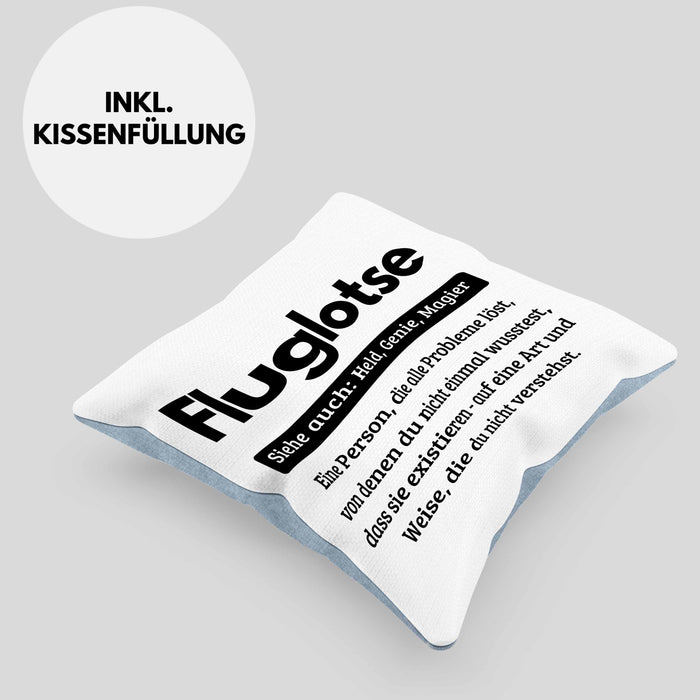 Fluglotse Kissen mit Füllung 40x40 Geschenk Spruch für Fluglotsen Geschenkidee (Grau) Blau Trendation
