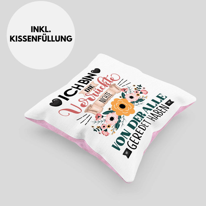 Nichte Kissen mit Füllung 40x40 Geschenk Lustiger Spruch Geschenkidee Ich Bin Die Verrückte Nichte Von Der Alle Geredet Haben (Grau) Rosa Trendation