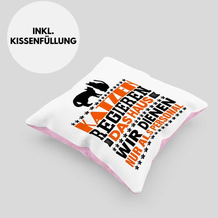 Katze Kissen mit Füllung 40x40 Geschenk Spruch Geschenkidee für Katzen-Mama Papa Katzenliebhaber Katzen Regieren Das Haus Wir Dienen Nur Als Personal (Grau) Rosa Trendation