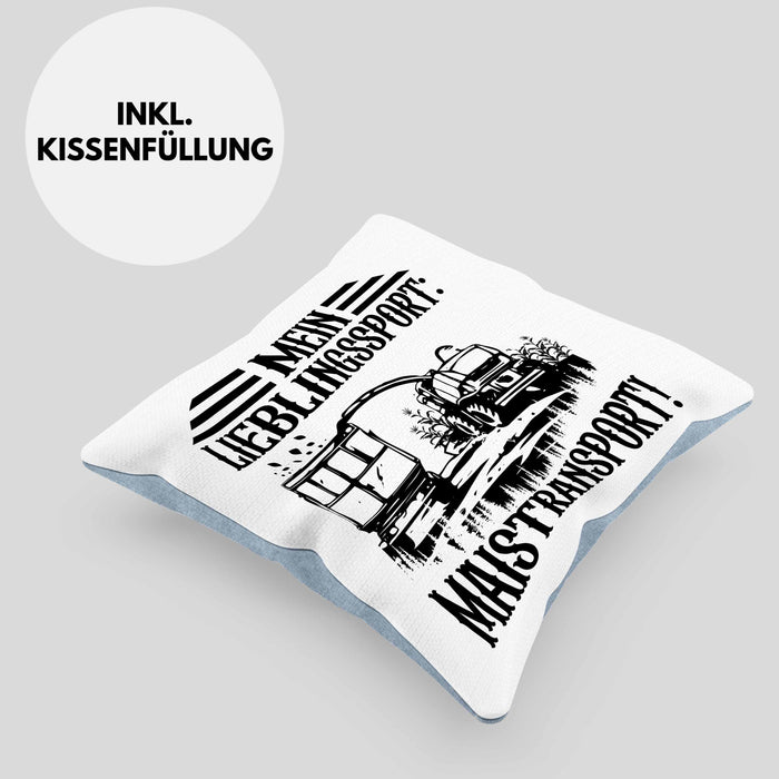 Lieblingssport Maistransport Kissen mit Füllung 40x40 Geschenk Landwirt Bauer Geschenkidee Landwirtschaft Häferl (Grau) Blau Trendation